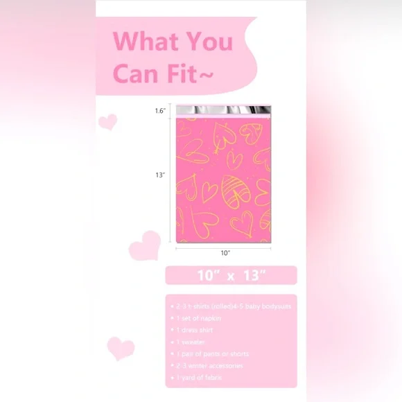 Poly Mailers Pink Thank You Gold Hearts 10x13 Water and Tear Proof 2.4 mil X 25 - Picture 2 of 4